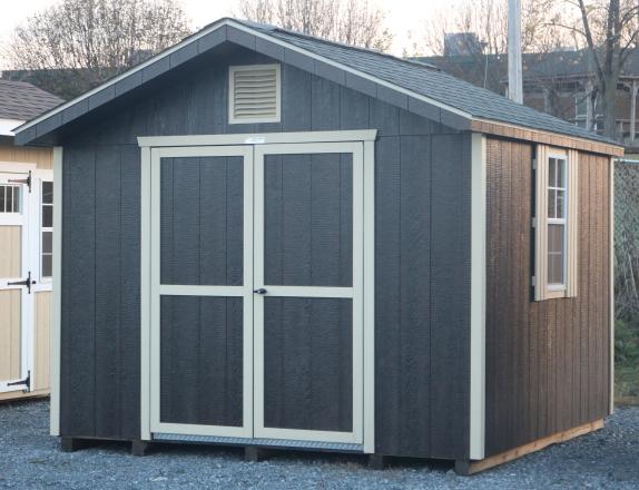 Pine Creek 10x10 HD Peak Front with Ebony Polyurethane walls, Beige trim and Beige shutters, and Shadow Gray shingles